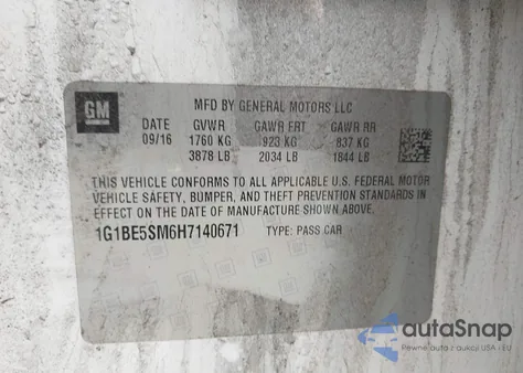 2017 Chevrolet Cruze Lt Auto z USA, uszkodzony, nr VIN 1G1BE5SM6H7140671